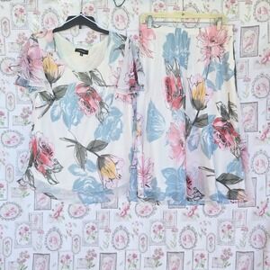 R & M Richards Floral Top & Skirt Set White Pink Blue Ruffle Sleeve Size 14